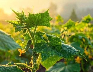 Cucumber plant in early morning sunlight