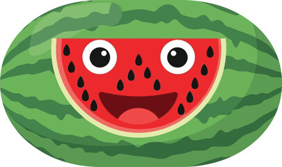 A cheerful cartoon watermelon with a smiling face and seed details is prominently displayed