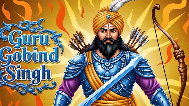 Warrior Guru Gobind Singh in vibrant blue armor, holding a sword and bow, with his name prominently displayed against a fiery, glowing background Gobind
