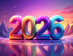 Colorful 3D numerals 2026 reflect on a glassy surface in a dreamy sky
