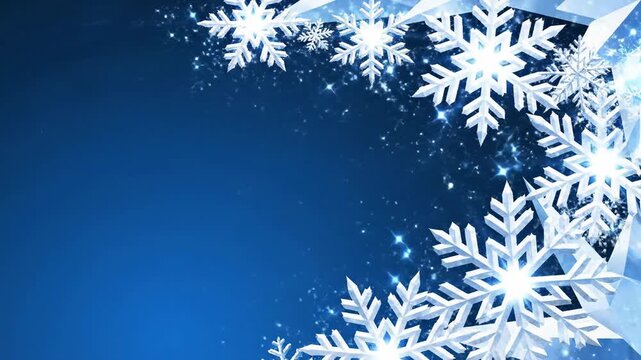 Abstract winter scene with ice crystals and snowflakes on blue background