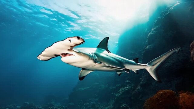 A hammerhead shark swimming gracefully in the deep blue ocean near a dark rocky reef area shark video
