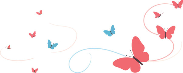 A beautiful illustration of pink and blue butterflies flying in a decorative pattern on a clean white background