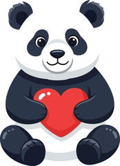 A charming cartoon panda bear lovingly holds a bright red heart in its paws