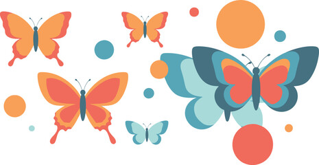 A collection of colorful butterfly illustrations with abstract circles on a white background
