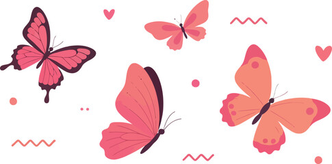 A charming collection of pink and orange butterflies flying in a decorative pattern on a white background