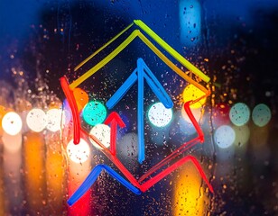 Colorful arrow shapes drawn on a rain-streaked window