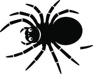 A simple black and white illustration of a cartoon spider with a smiling face