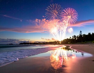 Colorful fireworks illuminate a tranquil beach at dusk (1)