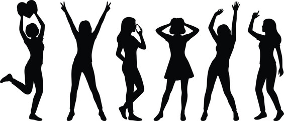 Female dancing silhouettes expressing joy freedom celebration modern lifestyle energy movement isolated on white background studio concept design
