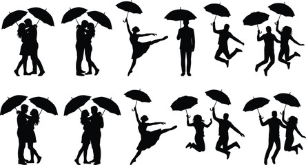 People silhouettes holding umbrellas dancing and embracing in rain expressing romance joy freedom isolated on white background illustration