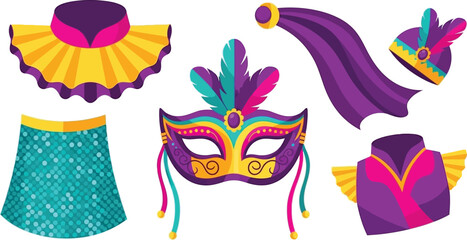 Colorful carnival masks hats and costumes isolated on a white background festive celebration theme