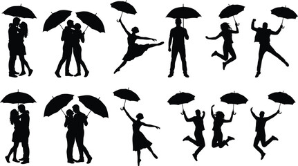 People silhouettes holding umbrellas dancing jumping and embracing in rain expressing romance joy freedom isolated white background illustration