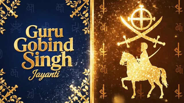 Ornate golden 'Guru Gobind Singh Jayanti' text with Sikh Khanda emblem and mounted warrior silhouette against dual blue and brown sparkling backgrounds Gobind