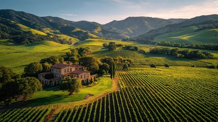 Obraz premium Vineyard Estate Panorama: A stunning landscape unfolds, showcasing a meticulously maintained vineyard and a grand estate nestled amidst rolling hills. The vibrant greenery.