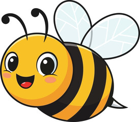Adorable cartoon bee with yellow and black stripes large eyes and transparent wings