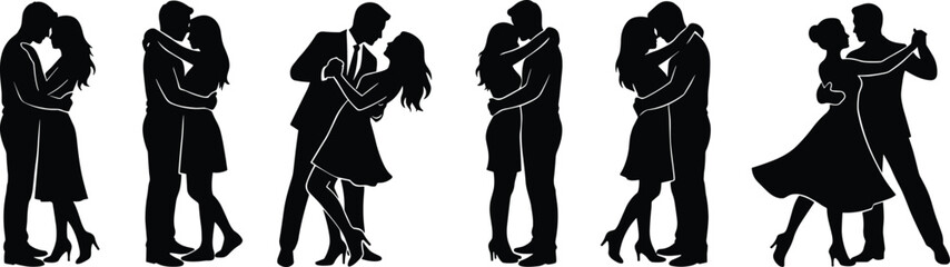 Romantic couple silhouettes dancing and embracing expressing love passion elegance relationship isolated on white background illustration