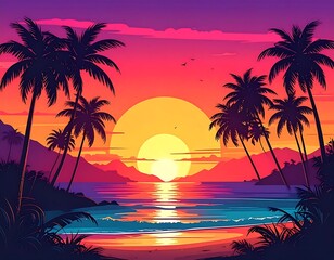 Colorful illustration of palm trees, ocean, sunset, and mountains