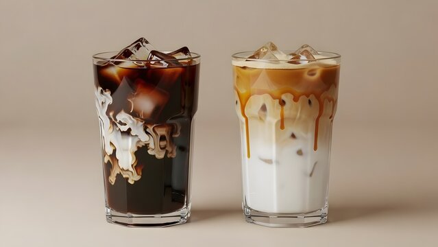 Iced coffee and iced latte in clear glasses