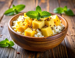 Delicious fruit and cottage cheese dessert, mint garnish, wooden bowl
