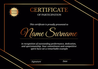 Bold participation certificate with black background, gold borders, and sportsmanship recognition.