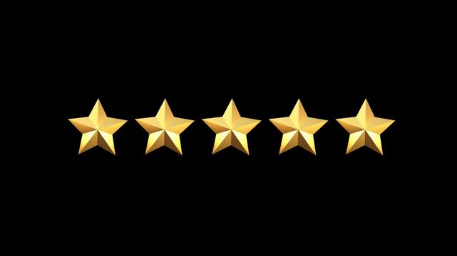 5 Star Rating Gold 3D Animation Transparent Background.  
High-quality 3D animation of five golden stars symbolizing rating, review, quality, and customer satisfaction.