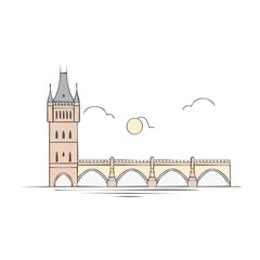 Obraz premium Minimalist line art of a medieval tower and bridge over water, illustration on a clear day with clouds