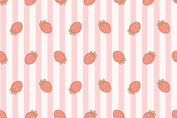 Cute Strawberry with Pink Vertical Stripes and Sweet Kawaii Style Seamless Repeat Pattern