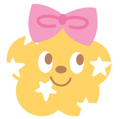 Illustration of happy yellow flower with star pattern and wearing pink ribbon for plants, tree, nature, garden, floral print, decorations, cartoon character, comic, spring, summer, picnic, sticker