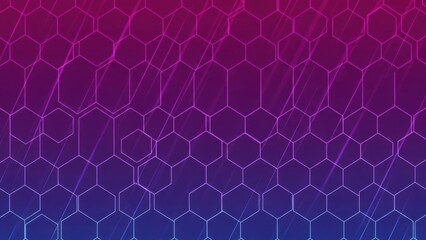 Abstract hexagonal grid pattern with vibrant neon glow and futuristic geometric lines, creating a modern technology background in magenta and blue gradient.