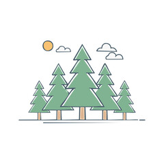 Fototapeta premium Minimalist Illustration of Evergreen Trees, Sun, and Clouds Outdoors Simple Scenic Nature Image