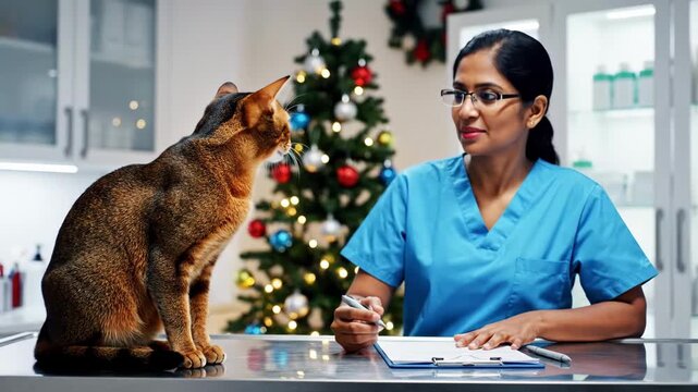 asian veterinarian documenting brown cat exam next to decorated christmas tree, focused writing on clipboard at stainless table, tidy clinic shelves with bottles, warm lights and festive decor.