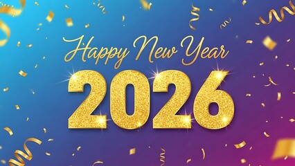 Golden 2026 Happy New Year text with falling confetti on gradient background celebration