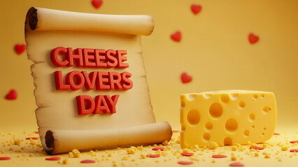 Celebrating cheese lovers day with vintage scroll and cheese block