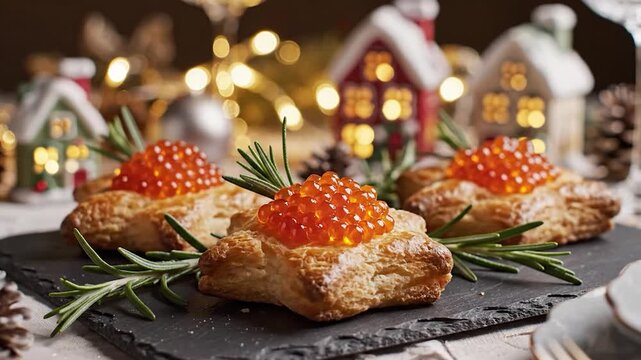 Red caviar appetizers on flaky puff pastry garnished with rosemary in a warm festive setting with bokeh lights