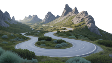 A grey asphalt road winds gracefully through a lush green mountain landscape under a bright sky.