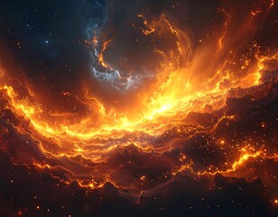 Cosmic display of vibrant celestial fire and swirling golden clouds