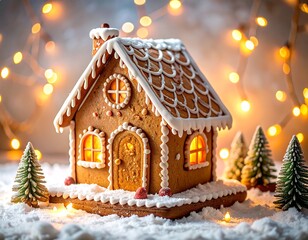 Delightful gingerbread house with frosting, set amid snowy scene, lit