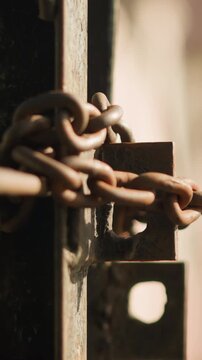 rusty chain on warehouse gate macro view of oxidized steel links threaded through bracket and hole, warm evening light and long shadows, cinematic contrast and grit, implied guard or locksmith action,