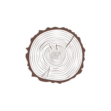 Graphic image of wood cross section showing tree rings with bark outline for print or logo or illustration use