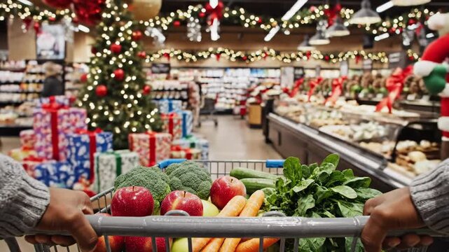holiday grocery cart filled with fresh produce and festive store decorations, hands pushing trolley past lit aisles, colorful vegetables and fruits stacked in cart, warm ambient lights and santa. - Powered by Adobe