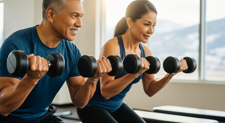 Active senior couple exercising with dumbbells during a fitness class, promoting healthy aging and physical well-being