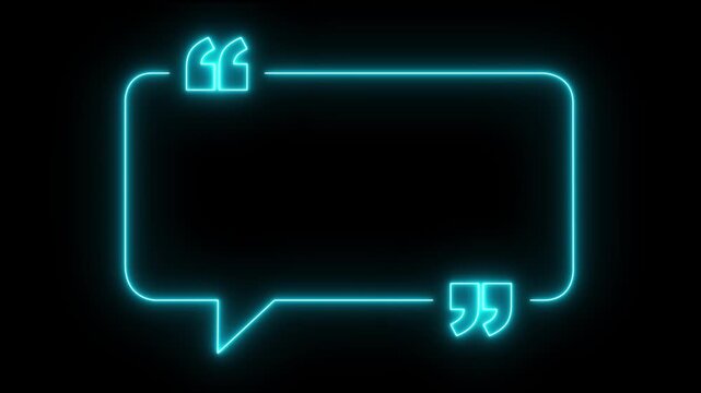 glowing neon Quote frame icon animation on black background. neon quote mark. neon Quote box frame. Blank frame. Perfect for social communication, messaging, punctuation or UI motion graphics.