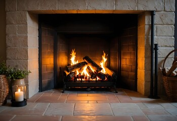a fireplace with burning logs of wood