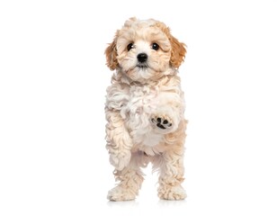 Obraz premium Adorable fluffy puppy with curly fur raising a paw, isolated on a clean white background