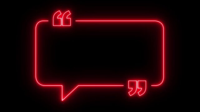 glowing neon Quote frame icon animation on black background. neon quote mark. neon Quote box frame. Blank frame. Perfect for social communication, messaging, punctuation or UI motion graphics.