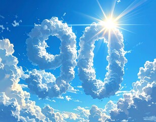 Digit "90" in clouds with sunny rays in a vibrant blue sky