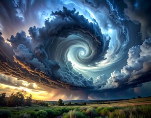Dramatic spiral storm clouds with lightning over a serene landscape