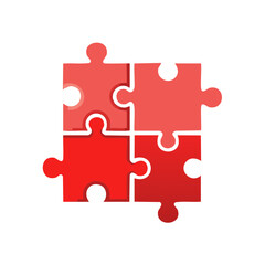 Fototapeta premium Four Red Puzzle Pieces Connected Together for Teamwork or Solution Concepts
