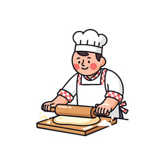 Cartoon baker with chef's hat, rolling dough on a wooden board